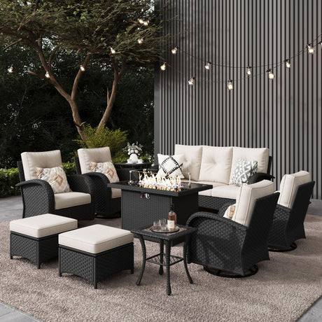 LayinSun 10 Pieces Outdoor Patio Furniture Set with Fire Pit Table, Rattan Wicker Sectional Swivel Rocker Chairs Sets LayinSun