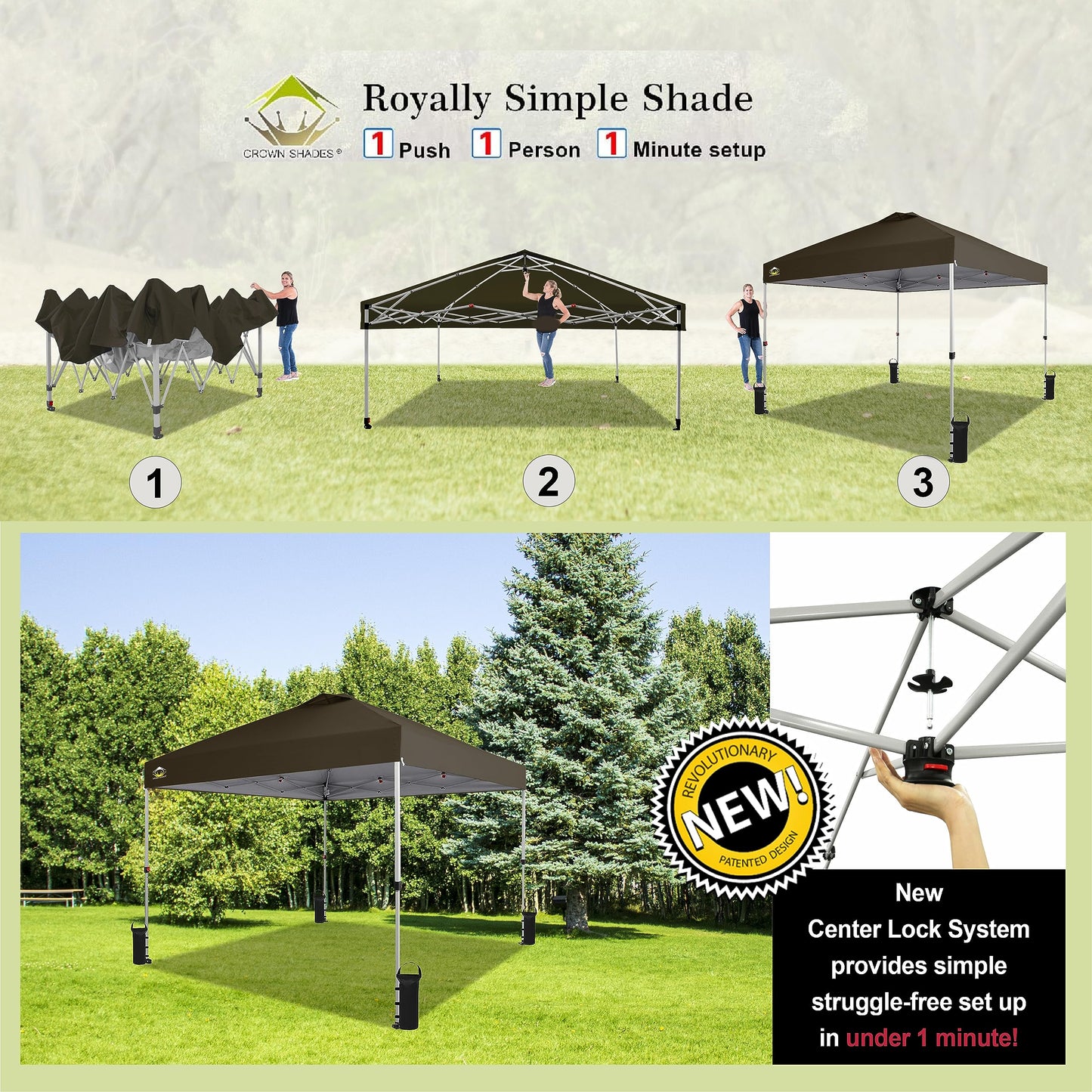 CROWN SHADES 10x10 Pop Up Canopy - Beach Tent with One Push Setup - Outdoor Sun Shade for Events, Parties, Camping - Gazebo with STO-N-Go Cover Bag, Silver Coated Top, 3 Height& 4 Sand Bags, Coffee