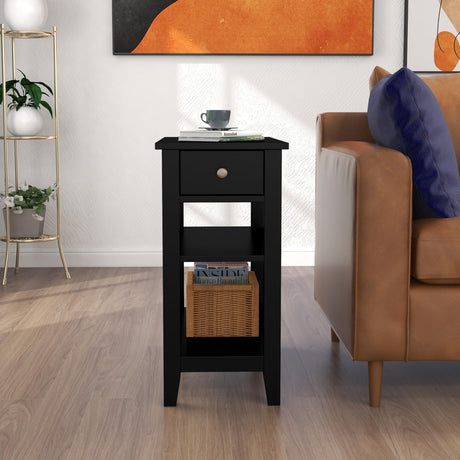 ChooChoo Side Table Living Room, Narrow End Table with Drawer and Shelf, 3-Tier Sofa End Table for Small Space, Black ChooChoo
