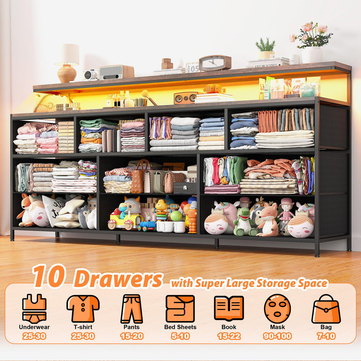 EnHomee 55" W Dresser for Bedroom with 10 Drawers Long Dresser with LED Lights & Power Outlets Wide Dressers & Chests of Drawers Large Dresser for Bedroom Dresser Metal Frame, Wood Top, Rustic Brown EnHomee