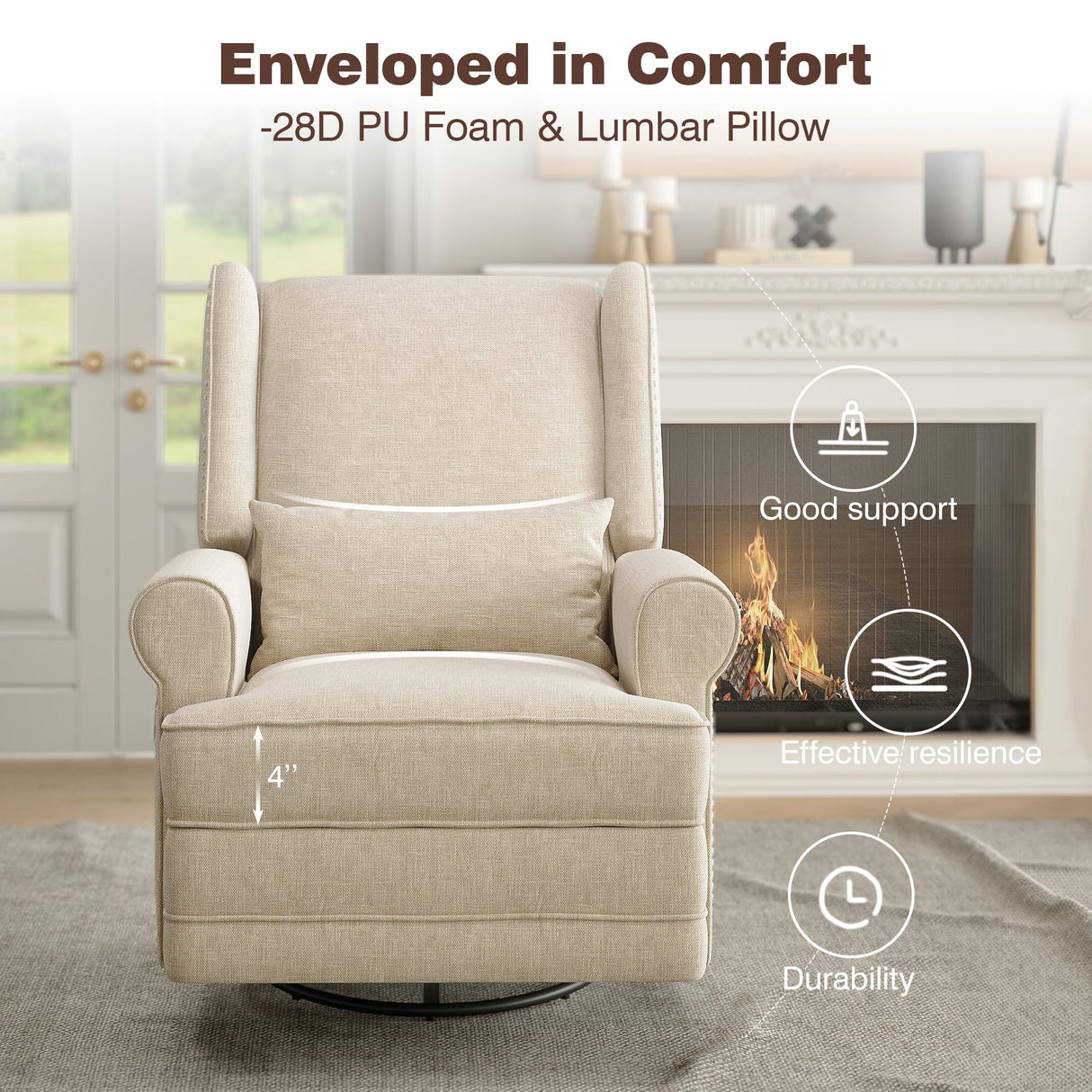 RoyalCraft Swivel Recliner Chair with Extra Large Footrest, Comfy Upholstered Glider Rocking Chair for Living Room, Bedroom and Ofice, Beige RoyalCraft