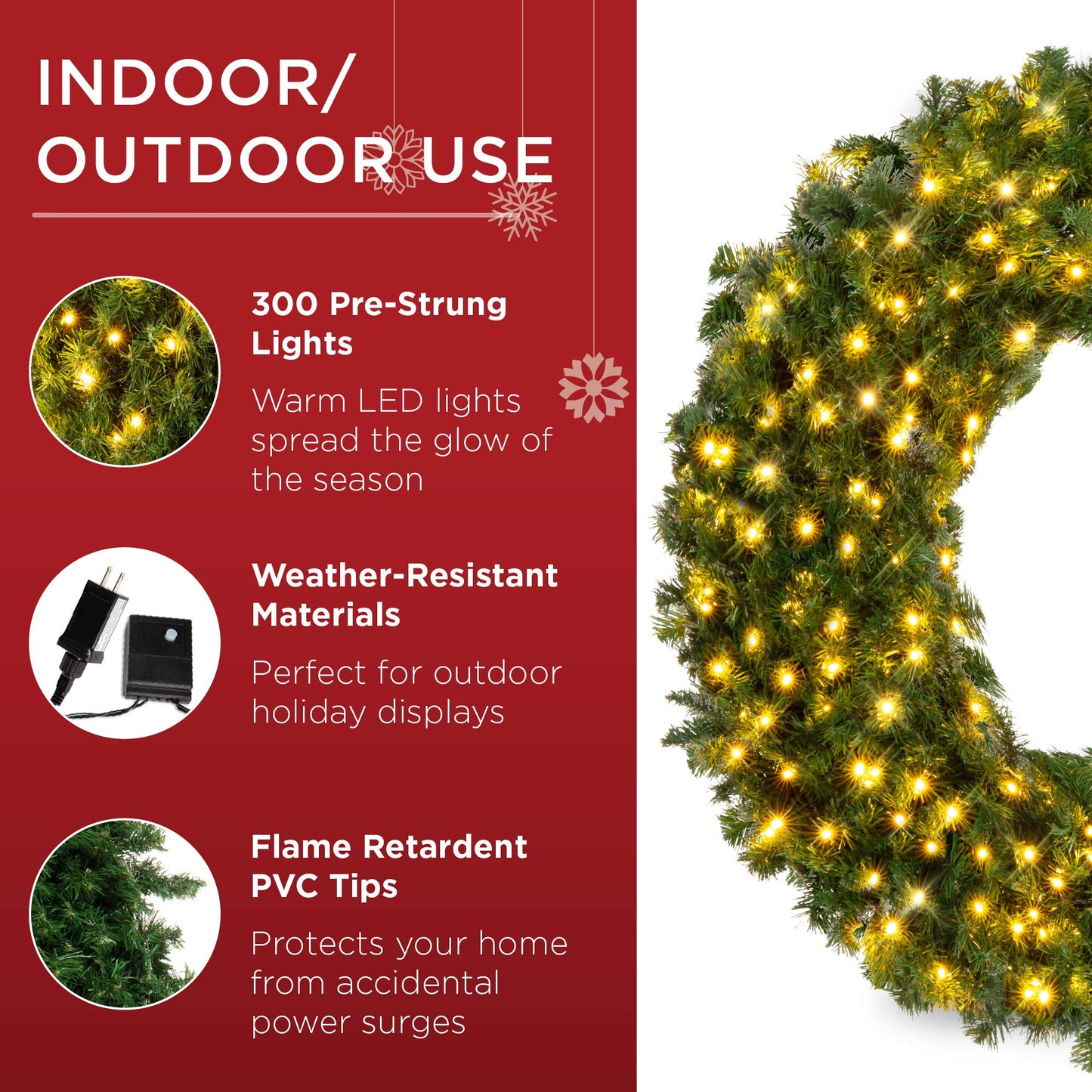 Best Choice Products 60in Large Artificial Pre-Lit Fir Christmas Wreath Holiday Accent Decoration w/ 300 LED Lights, 930 PVC Tips