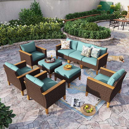 Sophia & William Patio Furniture Set 9 Piece Outdoor Wicker Furniture Sectional Sofa, Extra Large Patio Rattan Conversation Set with Ottoman for Backyard, Deck, Pool(Aqua Blue)