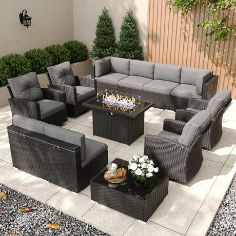 KHOLH Patio Furniture Set with Fire Pit Table, 12 Pieces Outdoor All-Weather Wicker Conversation Sectional Chair Sofa Set with 4 Swivel Chairs KHOLH