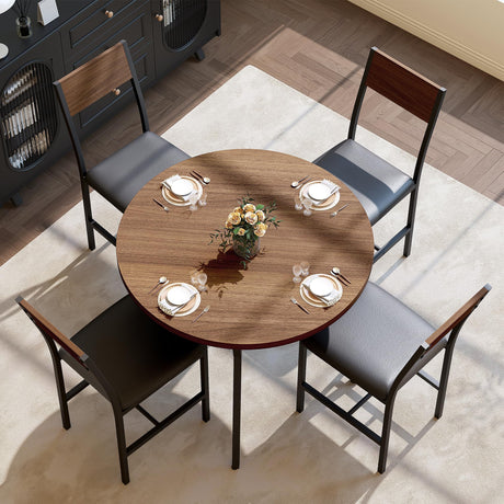 Pamapic Round Dining Table Set for 4, Kitchen Table and Chairs for 4, Dining Room Circle Dinner Pedestal Table, Solid Metal Frame,Space Saving Wood Kitchen & Dining Room Furniture,Walnut Pamapic