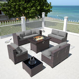 RTDTD Outdoor Patio Furniture Sets with Propane Fire Pit Table, 10 Pieces Outdoor Furniture Patio Sectional Sofa Conversation Sets w/ETL Approved 43" Gas Outdoor Fire Table & Coffee Table (Grey) RTDTD