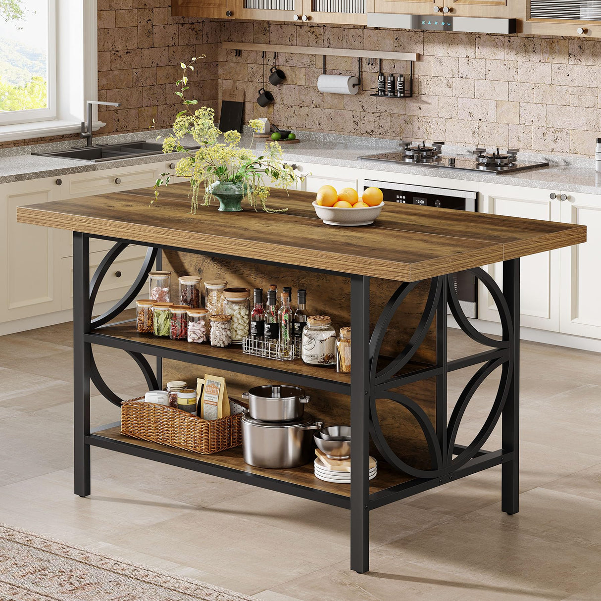 Tribesigns Kitchen Island with Storage, 62.99-Inch Kitchen Island Table with 2 Shelves and Large Worktop, Industrial Bar Table, Easy to Assemble, Rustic Brown (Stools Not Included) Tribesigns