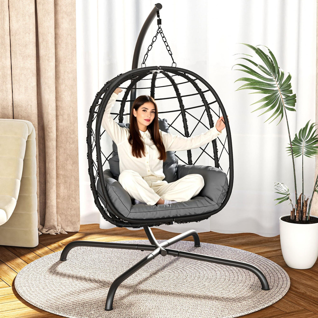 TerraVoy Hanging Egg Chair with Stand, Outdoor Swing Egg Chair, 350 LBS Capacity All-Weather PE Wicker Swing Chair with Waterproof Cushions TerraVoy