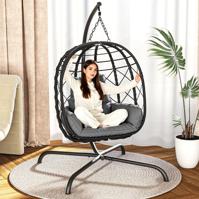 TerraVoy Hanging Egg Chair with Stand, Outdoor Swing Egg Chair, 350 LBS Capacity All-Weather PE Wicker Swing Chair with Waterproof Cushions