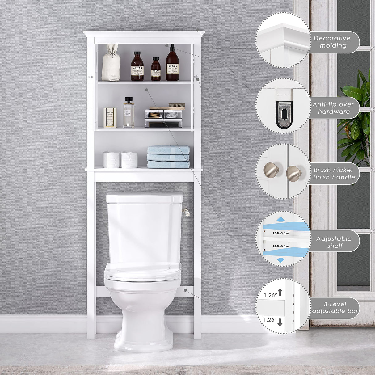 UTEX Over The Toilet Storage Cabinet, Over Toilet Bathroom Organizer with Adjustable Shelves, Above Toilet Storage Cabinet Space Saver, White UTEX