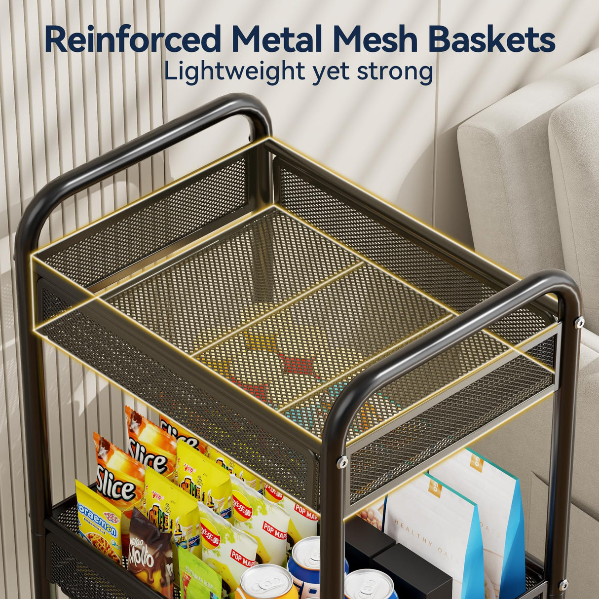 YASONIC 3 Tier Rolling Cart – Metal Utility Storage Cart with Wheels, Craft Cart Organizer with Hanging Cups, Hooks, Mesh Basket for Bedside Kitchen Office Art, Black YASONIC