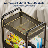 YASONIC 3 Tier Rolling Cart – Metal Utility Storage Cart with Wheels, Craft Cart Organizer with Hanging Cups, Hooks, Mesh Basket for Bedside Kitchen Office Art, Black YASONIC