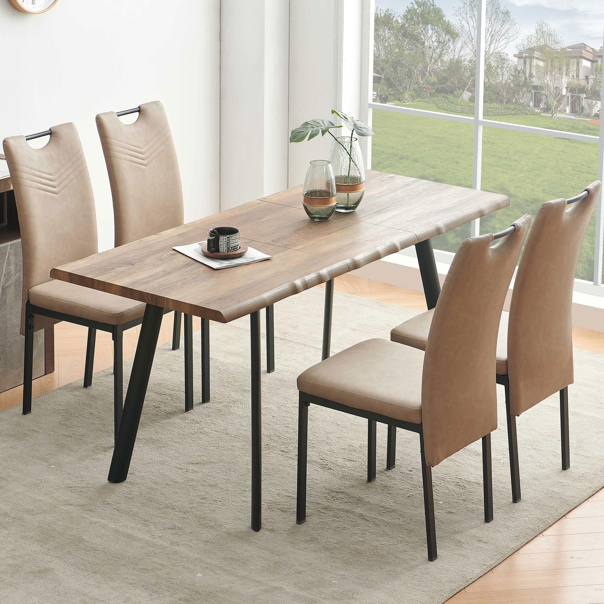 NORDICANA Live Edge Dining Table Set for 4, Extendable Kitchen Table Set with 4 Faux Leather Dining Chairs, High Back Beige PU Side Chair, MDF Table-top with Removable Leaf - WoodArtSupply