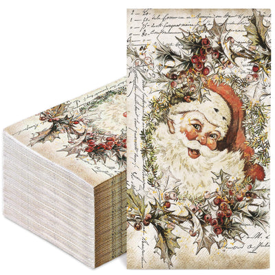 JarThenaAMCS 80Pcs Christmas Guest Napkins Vintage Santa Claus Disposable Paper Napkins Retro Dinner Hand Napkin for Winter Kitchen Bathroom