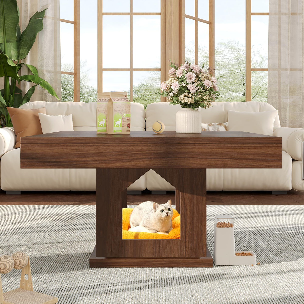 knoworld Square Coffee Table, Wooden Coffee Table with Storage and Cat House, Rustic Brown Cocktail Table for Living Room, Farmhouse Large Center Table knoworld
