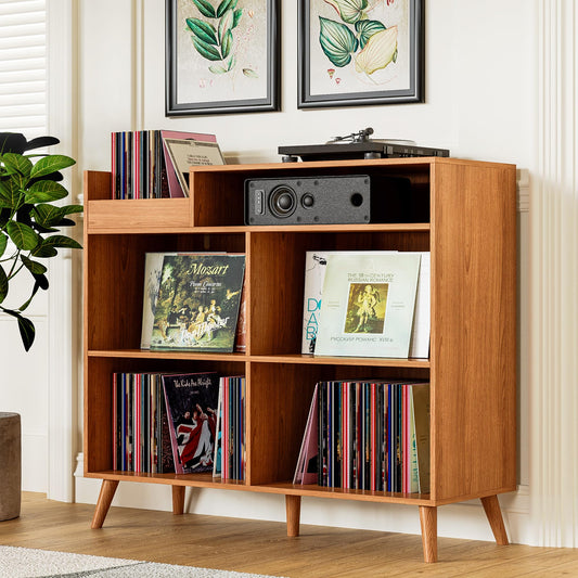 DIYART 3 Tier Large Record Player Stand with Power Outlet, Vinyl Record Storage Table holds Up to 500 Albums, Mid-Century Turntable Stand, Brown