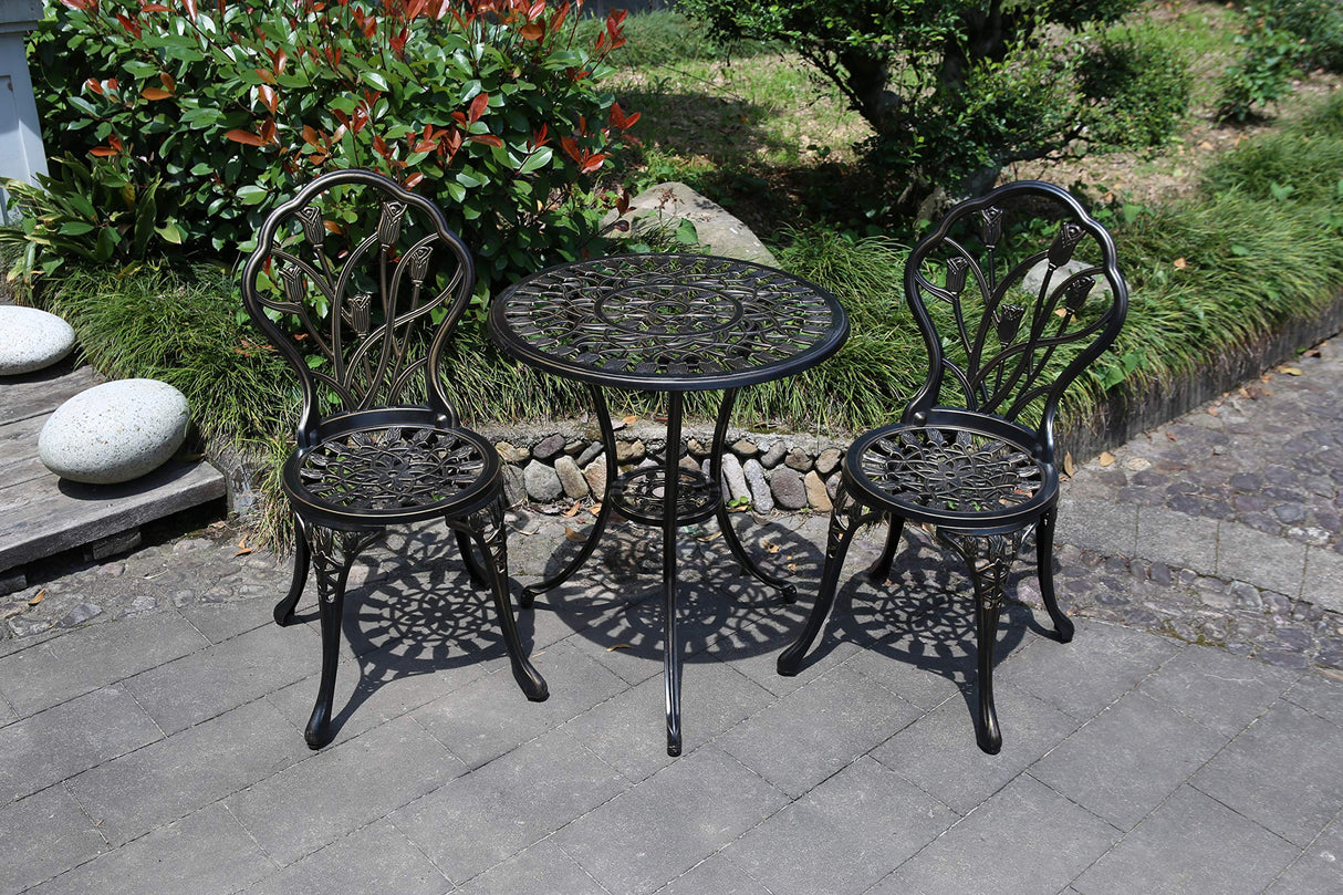 CG 3 Piece Bistro Set, Outdoor Patio Set, Anti-Rust Cast Aluminum Bistro Table Set for Park Yard Front Porch Furniture, Tulip, Antique Copper C/G