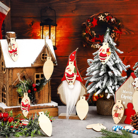 50 Pcs Christmas Unfinished Wooden Light Bulb Wooden Slices Blank Christmas Wooden Hanging Decorations with Rope Unfinished Predrilled Wooden Discs for Christmas Crafts DIY Decoration (Wood Color) Queekay