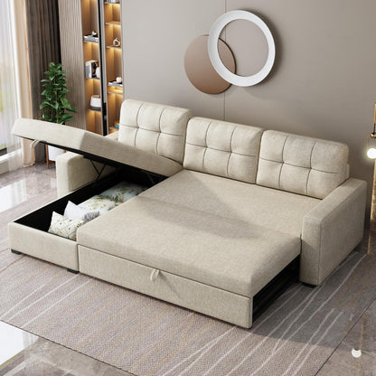 YOPTO Sectional Sleeper Sofa with Storage Chaise,Convertible L Shaped Pull Out Couch Bed with 3 Removable Back Cushion for Living Room, Apartment,Office,Beige,81.5"