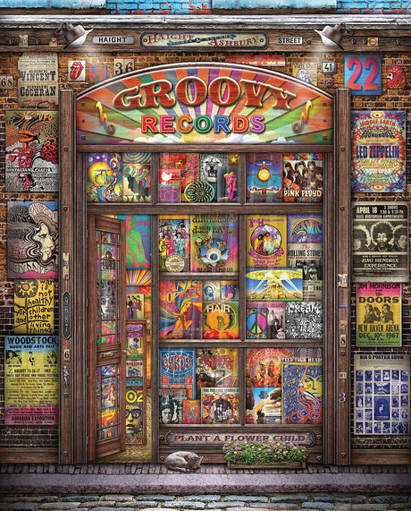 Springbok Groovy Records 1000 piece Jigsaw Puzzle for Adults features a colorful illustration of a classic record store Springbok