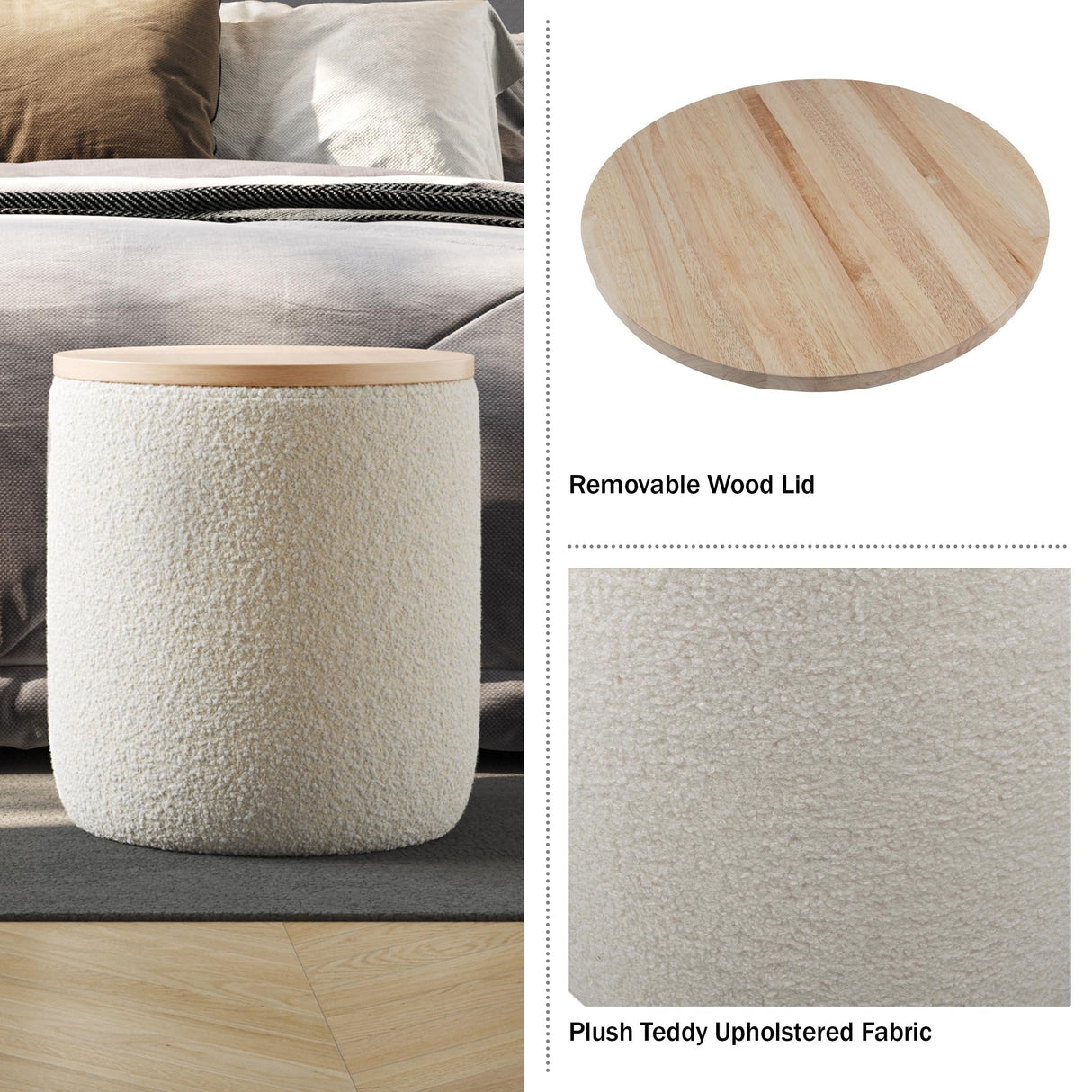 Lavish Home Storage Ottoman - Teddy Fabric Upholstered Ottoman with Wood Top for Living Room, Dorm, or Apartment - Ottomans with Storage (Cream) Lavish Home