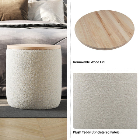 Lavish Home Storage Ottoman - Teddy Fabric Upholstered Ottoman with Wood Top for Living Room, Dorm, or Apartment - Ottomans with Storage (Cream) Lavish Home