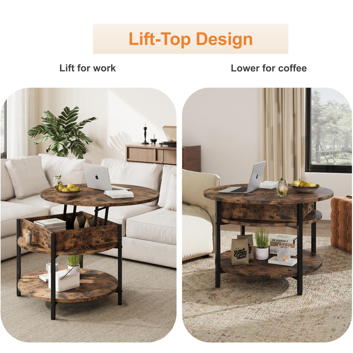 Ablefurn 26.77” Round Lift Top Coffee Table with Hidden Compartment and Adjustable Foot Pad,Rustic Central Table Dining Table with Lift Tabletop and Open Shelf for Home Living Room, Office, Brown Ablefurn
