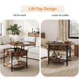 Ablefurn 26.77” Round Lift Top Coffee Table with Hidden Compartment and Adjustable Foot Pad,Rustic Central Table Dining Table with Lift Tabletop and Open Shelf for Home Living Room, Office, Brown Ablefurn