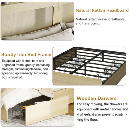 Natural Rattan Boho Queen Bed Frame with Storage Drawers, Charging Station, and LED Lights - PAKASEPT - WoodArtSupply