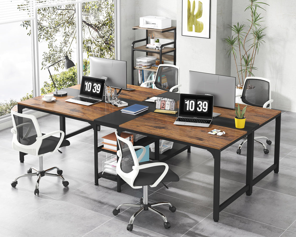 Tribesigns 90.55'' 2 Person Desk with Storage Shelves, Double Computer Desk with Spacious Desktop, Extra Long Study Writing Table Workstation for Home Office (Black & Brown) Tribesigns