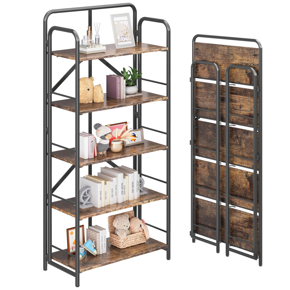 4NM No Assembly Folding Bookshelf, 5 Tier Vintage Industrial Book Shelf,Metal Foldable Storage Bookcase and Bookshelves for Living Room,Bedroom and Kitchen - Rustic Brown 4NM