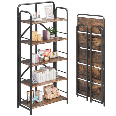 4NM No Assembly Folding Bookshelf, 5 Tier Vintage Industrial Book Shelf,Metal Foldable Storage Bookcase and Bookshelves for Living Room,Bedroom and Kitchen - Rustic Brown 4NM