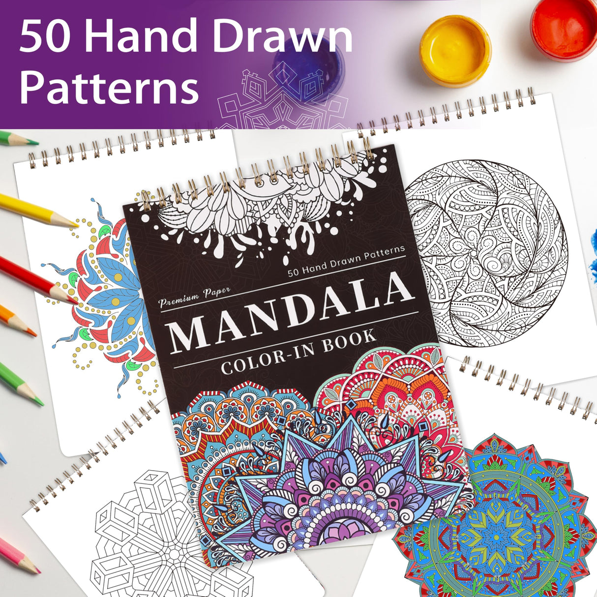 Mandala Coloring Book for Adults - 9" x 12" Coloring Book Spiral Bound, 50 Hand Drawn Mandalas Patterns for Relaxation & Stress Relief, Mindfulness Gifts Appointime