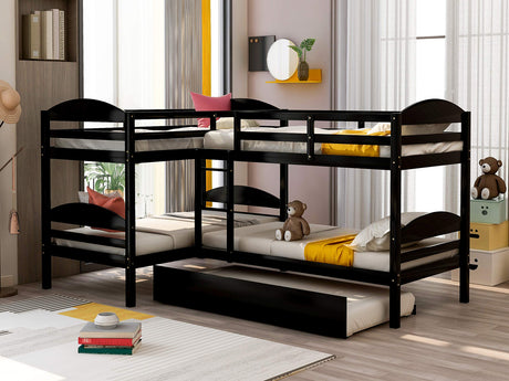Harper & Bright Designs Quad Bunk Bed with Trundle, L Shaped Bunk Bed for 4 Kids, Wooden Twin Bunk Bed Frame for Kids Teens Adults - Espresso Harper & Bright Designs