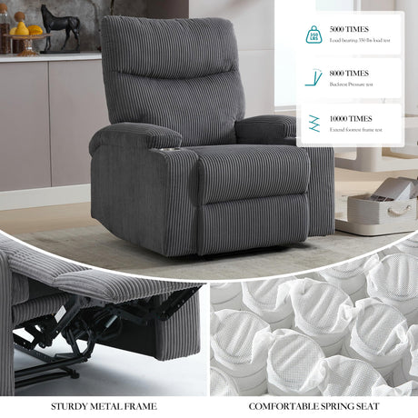 Manual Recliner Chair with Pull Ring, 3 Position 140° Reclining Sofa for Living Room, Nursery, RV, and Office,Oversized Recliner Chairs for Adults(Grey Corduroy Fabric) AIWOEN