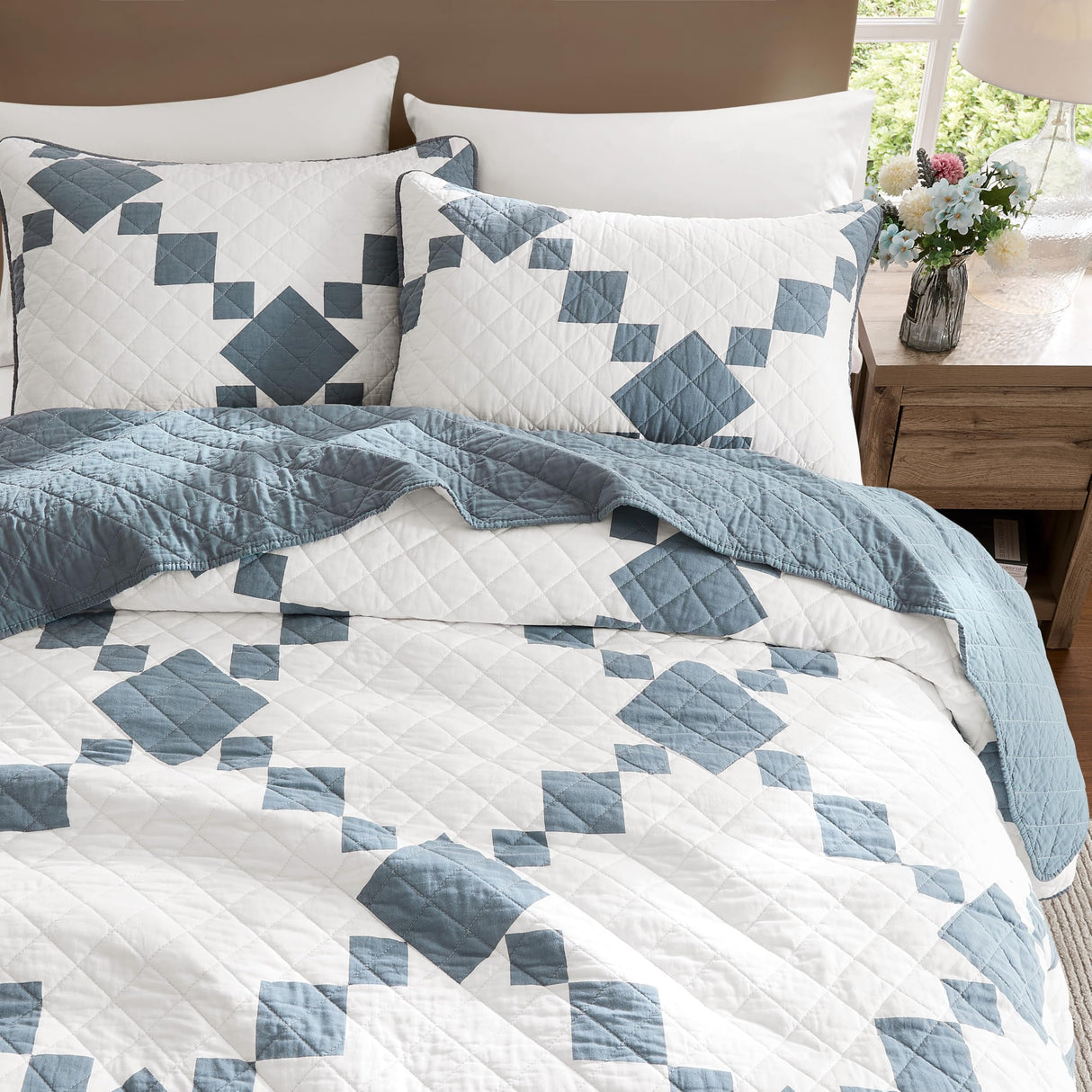 WDCOZY 100% Cotton Quilt Queen Size, Lightweight Reversible Gingham Patchwork Bedding Set with 2 Pillow Shams, Blue Block Pattern Farmhouse Bedspread Shabby Chic Coverlet Thin Comforter All Seasons WDCOZY