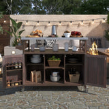 Outdoor Kitchen Island, Rolling Bar Cart & Storage Cabinet, Farmhouse Solid Wood Outdoor Grill Table with Stainless Steel Top, Spice Rack, Towel Rack for Kitchen & Barbecue (Dark Brown-N) Tdewlye