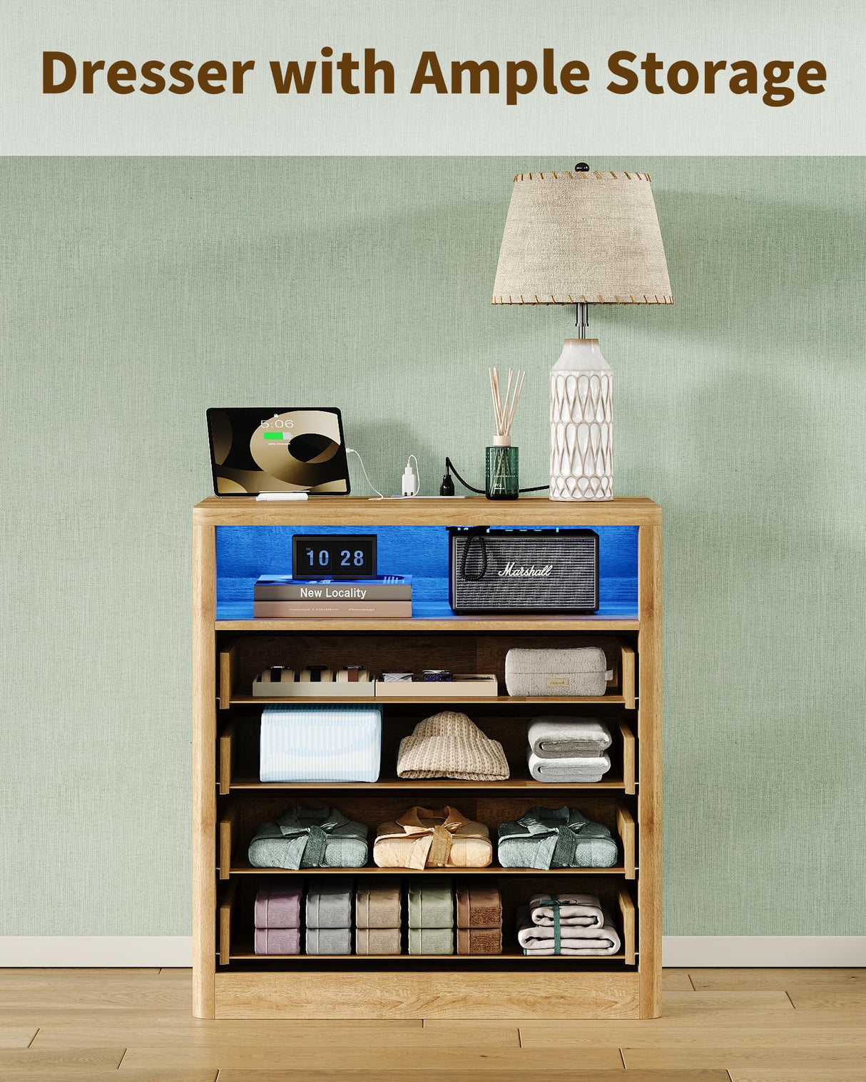 FUSOU Fluted Night Stand for Bedroom, Storage Organizer with 4 Drawers, Chest of Drawers with LED Light & Charging Station, Modern Farmhouse Dresser for Bedroom, Living Room, Hallway, Natural Oak FUSOU