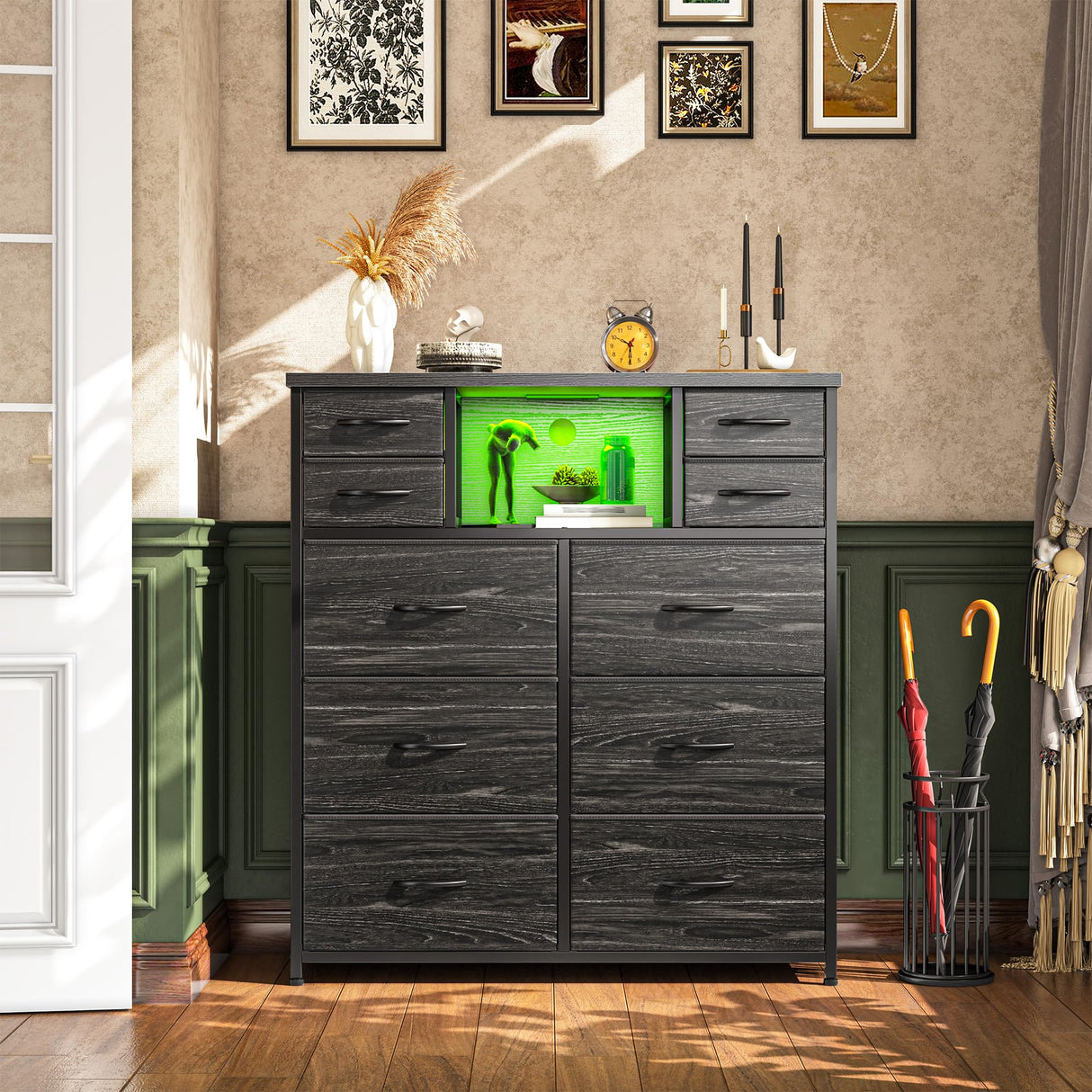 Romorgniz Dresser for Bedroom with 10 Drawers Featuring LED Light and Power Outlet, Fabric Dressers & Chest of Drawers with Open Shelves for Hallway, Living Room, Metal Frame,Wood Top,Grain Black Romorgniz