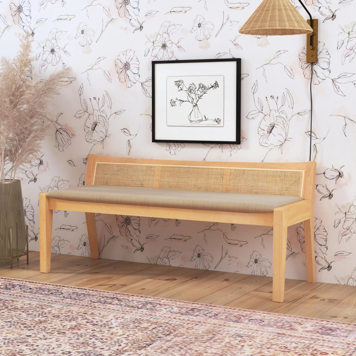 Powell Kasi Natural Low Back Cane Bench with Beige Upholstered Seat Powell