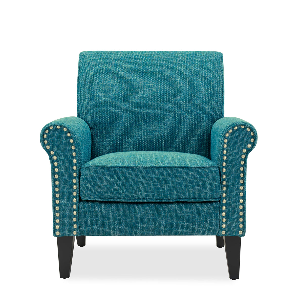 Domesis Kiara Traditional 34" Wide Upholstered Rolled Arm Living Room & Bedroom Accent Chair, Comfy Elegant Armchair with Pewter Nailheads, in Blue Tweed Domesis