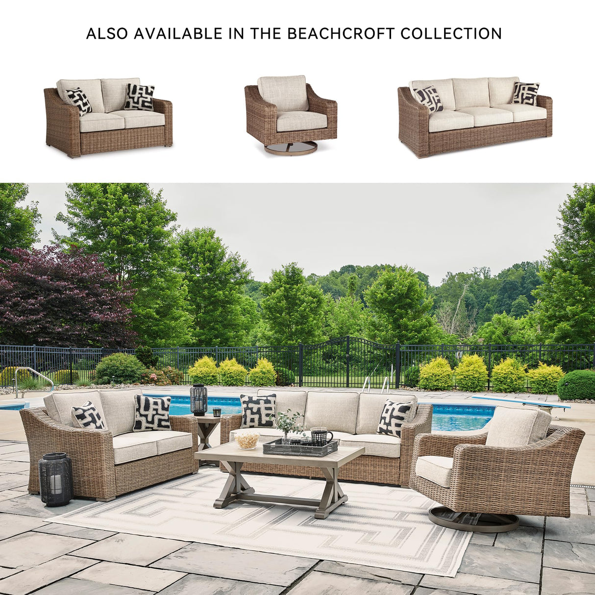 Signature Design by Ashley Beachcroft Casual Weather Resistant Resin Wicker Outdoor Loveseat with Cushion and 2 Accent Pillows, Dark Brown & Beige Signature Design by Ashley