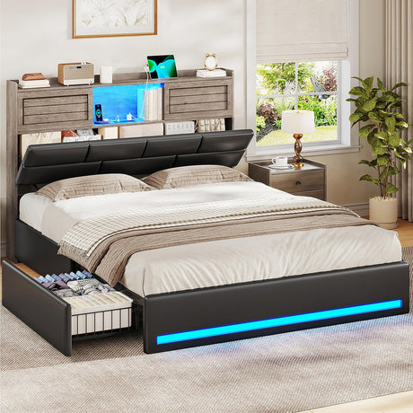 MSmask Queen Bed Frame with Bookcase Headboard and Sliding Doors, Upholstered LED Bed Frame Queen Size with Charging Station, 4 Storage Drawers, No Box Spring Needed, Black & Grey MSmask