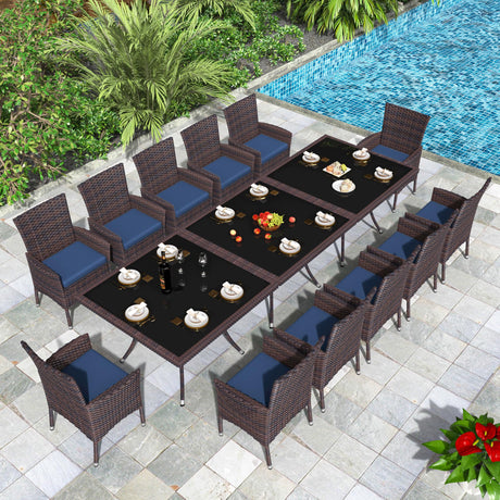 Trumbeak 15 Piece Outdoor Dining Set,Rattan Patio Conversation Set of 12 Chairs,Patio Dining Table and Chairs w/Cushions,Square Glass Tabletop,Umbrella Cutout for Patio,NavyBlue Trumbeak