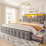 EnHomee King Bed Frame with 4 Storage Drawers King Size Bed Frame with Headboard Built in Charging Station and LED Lights, No Noise, No Box Spring Needed, Easy Assembly, Grey EnHomee