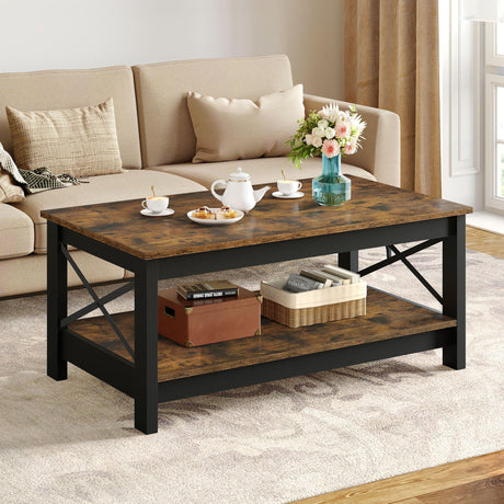 YITAHOME Coffee Table for Living Room,Modern Farmhouse Coffee Table with Storage,2-Tier Center Table for Living Room Wood Living Room Table Accent Cocktail with Sturdy Frame,Rustic Brown YITAHOME