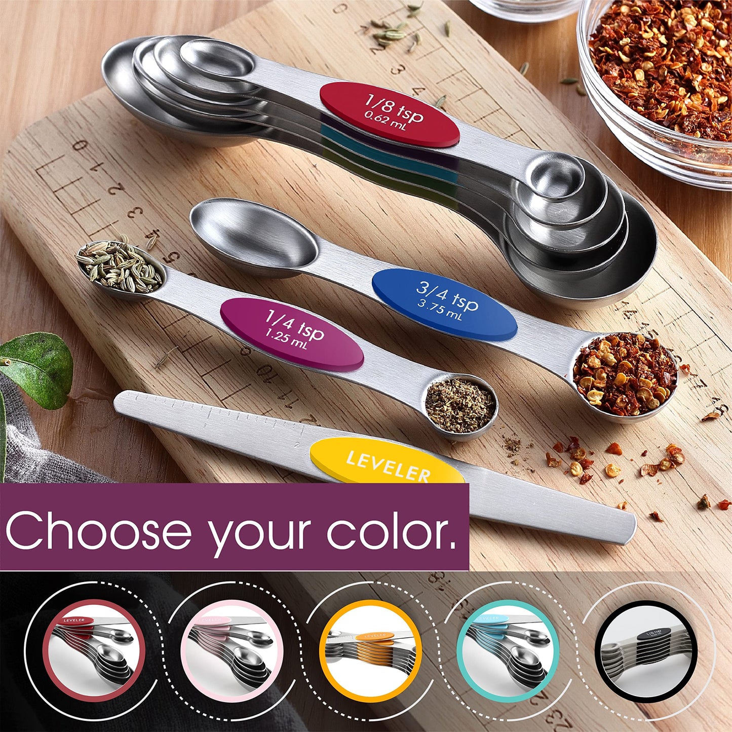 Spring Chef Magnetic Measuring Spoons Set with Strong N45 Magnets, Heavy Duty Stainless Steel Metal, Fits in Most Kitchen Spice Jars for Baking & Cooking, BPA Free, Multicolor, Set of 8 with Leveler