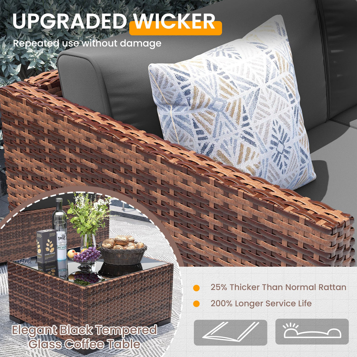 UDPATIO Patio Furniture Set, Modular Outdoor Sectional with 105°Slanted Back, 7 Pieces Rattan Conversation Set for Poolside, Backyard, Deck, with Coffee Table, Waterproof Cover,Grey UDPATIO