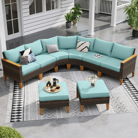 Sophia & William Outdoor Wicker Sectional Sofa Set, 8 Piece Half Moon Curved Patio Furniture Modern Round Outdoor Couch Conversation Set with Ottoman for Backyard, Pool, Garden(Aqua Blue) Sophia & William