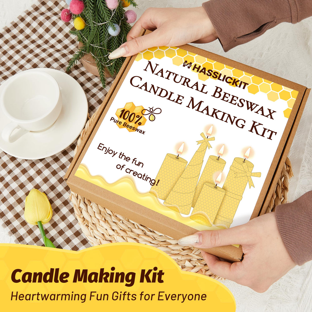 HASSLICKIT Natural Beeswax Candle Making Kit for Kids and Adults-12 Beeswax Sheets for Candle Making Rolling DIY Kits (Natural Yellow Color, 8 x 8 inch) HASSLICKIT